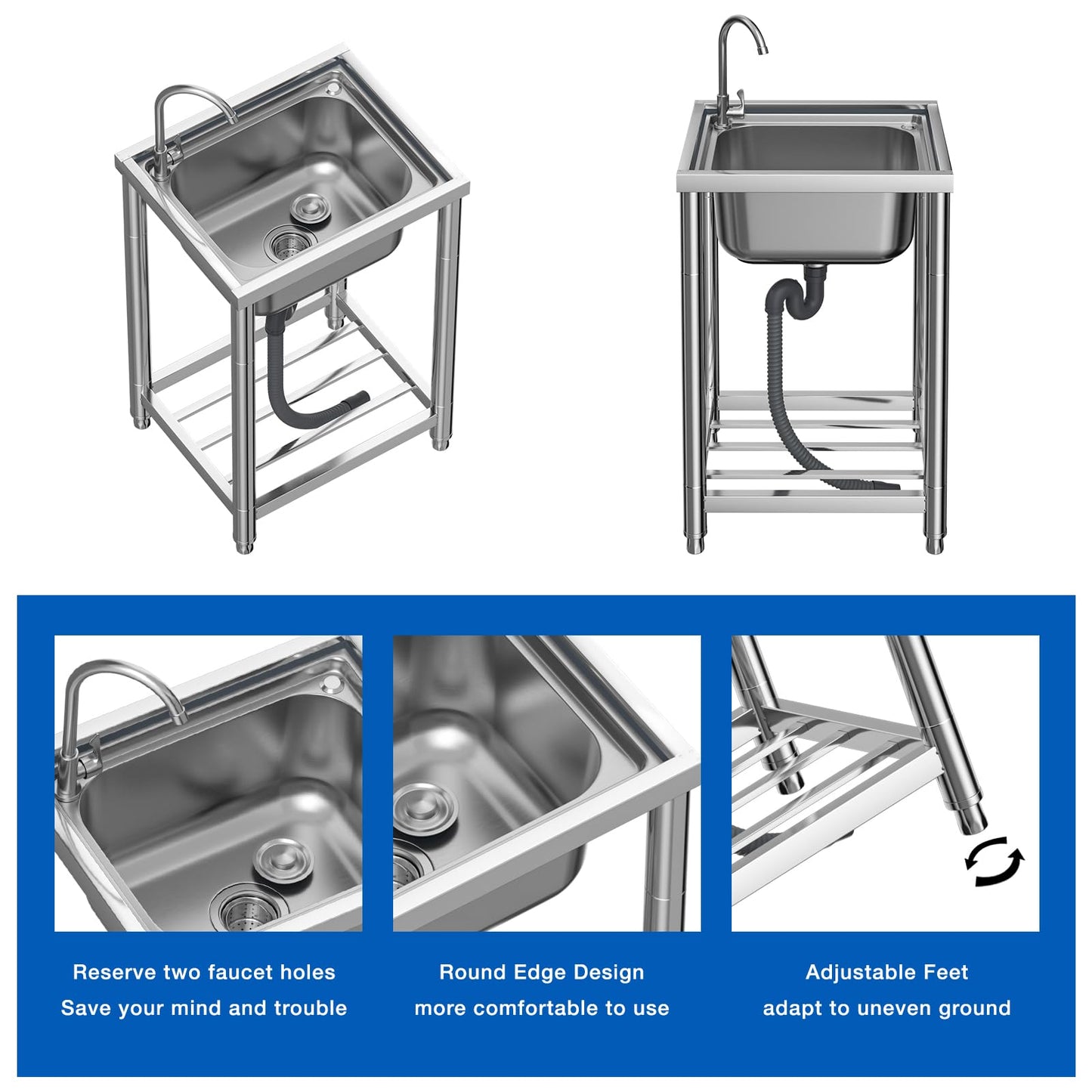 DuyviSteil Stainless Steel Single Bowl Commercial Restaurant Kitchen Sink, Free Standing Utility Tub Sink with Quick Connect Drain for Laundry Room Bathroom Farmhouse (22in)