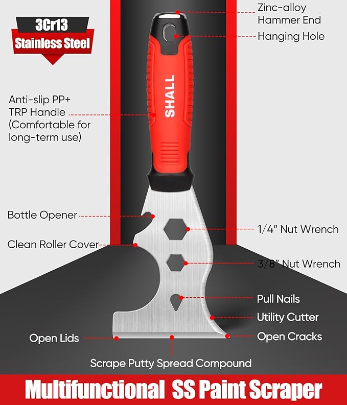 SHALL Drywall Tool Kit, 7 Pcs Stainless Steel Set Includes Putty Knife, Taping Knife, Painter Scraper Tool & 12" Mud Pan for Joint Taping, Finishing, Patching
