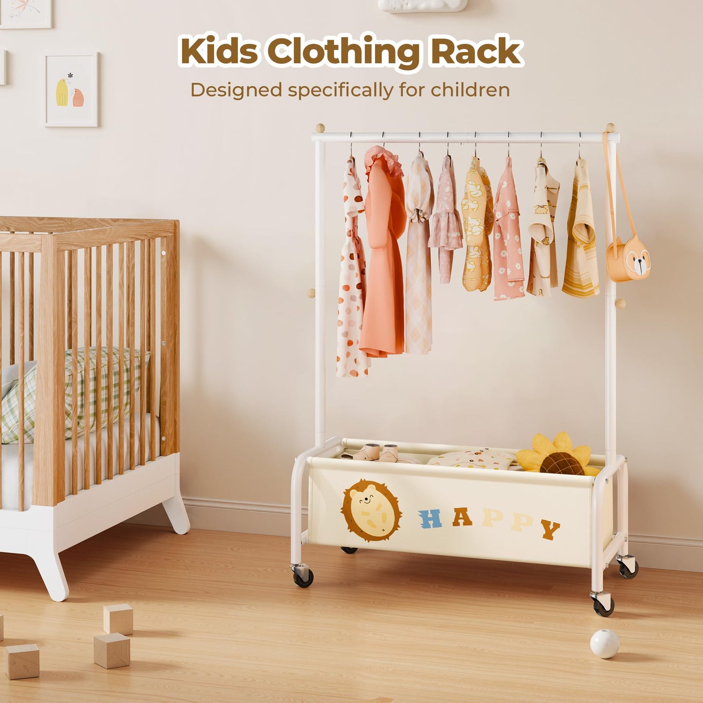 GRANNY SAYS Kids Clothing Rack with Basket, Baby Closet Dress Up Storage, Kids Closet Wardrobe, Short Baby Clothes Rack, Toddler Garment Rack for Coats, Dress Up Costumes, Princess Dresses, Beige