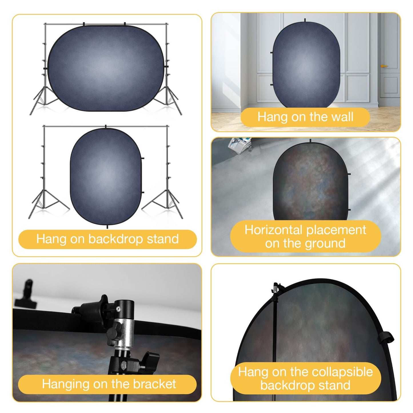 Kate 5x6.5ft(1.5x2m) Dark Grey Collapsible Backdrop Texture Folding Double Sided Pop up Backdrops for Photoshoot, Home Video Conference