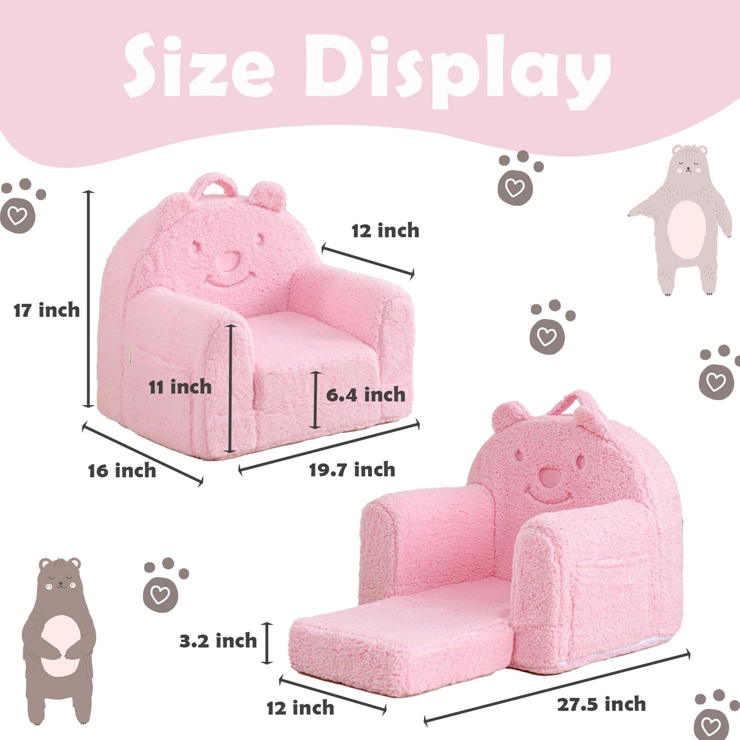 Kisdsa Toddler Chair,Sherpa Bear Kids Chair,Toddler Couch Fold Out,Children Reading Chair,Flip Out Kids Couch,Toddler Sofa Convertible for Age 1-3(Pink Bear)
