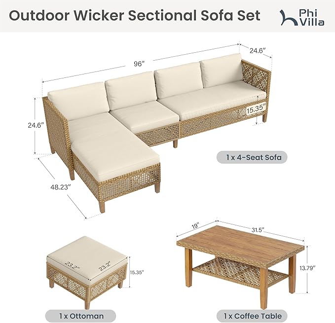 PHI VILLA Sectional Outdoor Couch, Small Patio Furniture Set with Cushions and Acacia Wood Coffee Table, U-Shaped Wicker Outdoor Sofa for Deck or Porch, 6 Seats, Beige