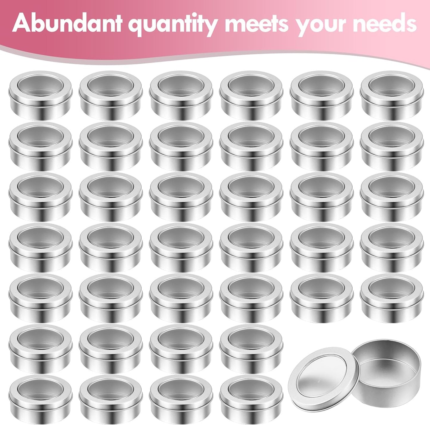 TecUnite 48 Pack 2 Ounce Metal Tin Cans Round Empty Container Salve Tins with Clear Lid for Kitchen, Office, Candles, Candies