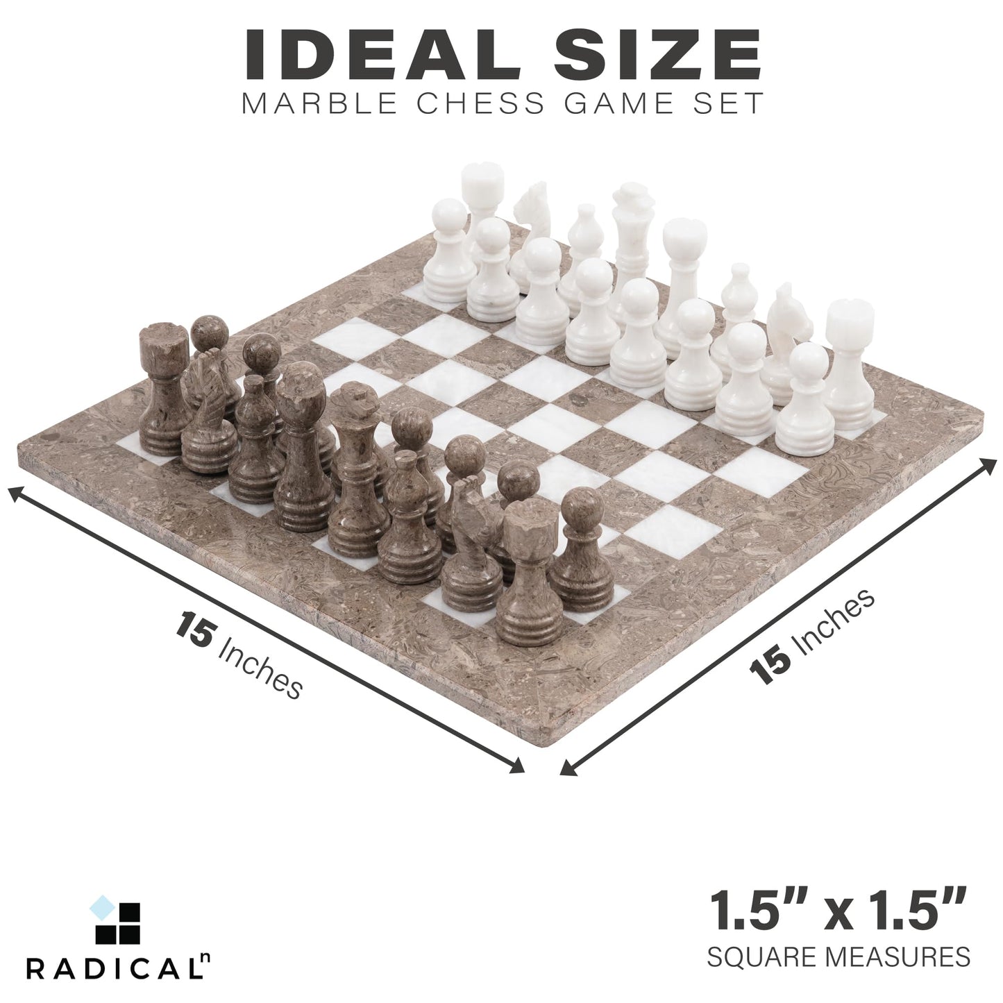 Radicaln Marble Chess Set 15" Inches Handmade Grey Oceanic and White Classic Board Game, Ideal Chess Games for Adults, Luxury Marble Chess Boards & Pieces for Gifts
