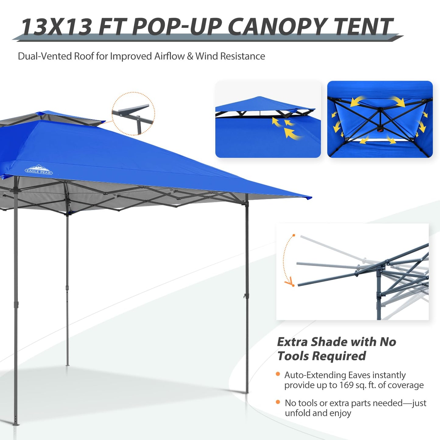 EAGLE PEAK 13x13 Straight Leg Pop Up Canopy Tent Instant Outdoor Canopy Easy Single Person Set up Folding Shelter w/Auto Extending Eaves 169 Square Feet of Shade (Blue)