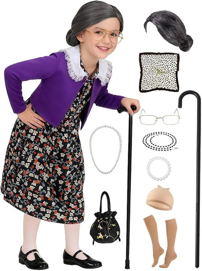 ZFQI Kids Old Lady Costume for Girls 100 Days of School Costume Grandma Costumes Dress Up for Halloween 3-10 Years