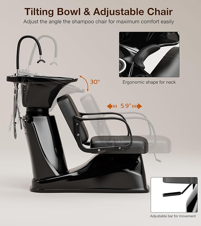 SyyBhb Shampoo Chair and Bowl for Salon, Head Spa Waterfall and Sprayer, Tilting ABS Bowl, Distance Adjustable Seat, Barbershop Spa Equipment