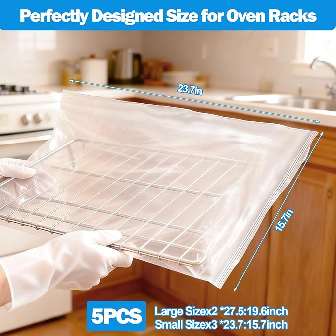 XANGNIER 5 Pack No Scrub Oven Rack Cleaning Bags,No Cleaner Included,Simple to Use,No Messy Hands Reusable Leakproof Soaking Cleaner Bags for Removable Metal Rack,BBQ Grills,Grill Grate