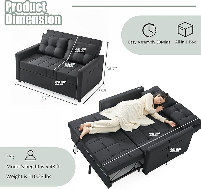 GOSUHI 52" Sleeper Sofa with Pull-Out Bed, 3-in-1 Convertible Sofa Bed, Loveseat with Stepless Adjustable Backrest and Side Pocket, for Living Room Dorm Apartment, Linen, Black
