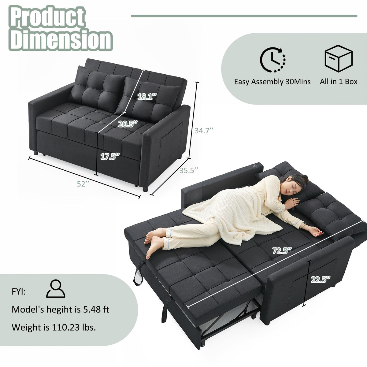GOSUHI 52" Sleeper Sofa with Pull-Out Bed, 3-in-1 Convertible Sofa Bed, Loveseat with Stepless Adjustable Backrest and Side Pocket, for Living Room Dorm Apartment, Linen, Black