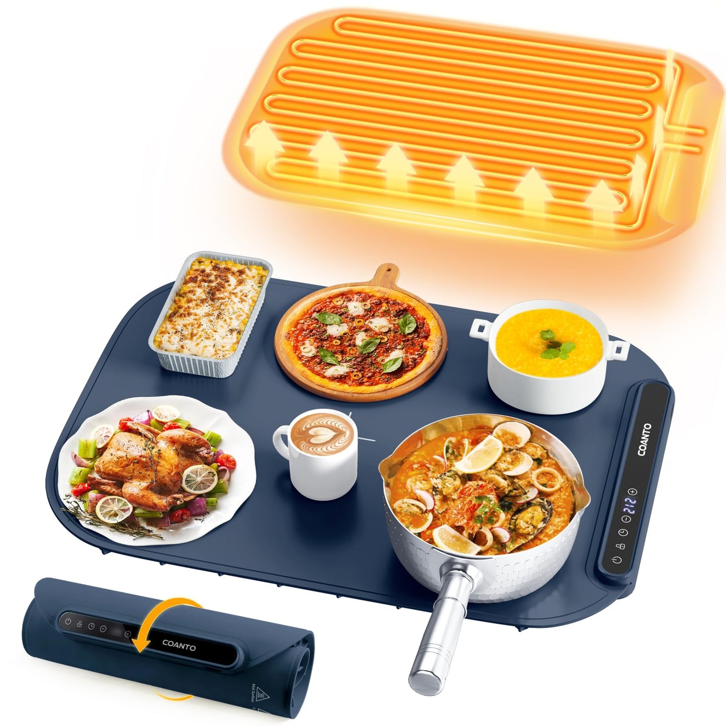 Coanto Food Warming Mat, Electric Warming Tray for Buffets & Parties, Silicone Heating Mat with 7 Temperature Settings, Roll-Up Storage, 17.91"x12.8", Blue