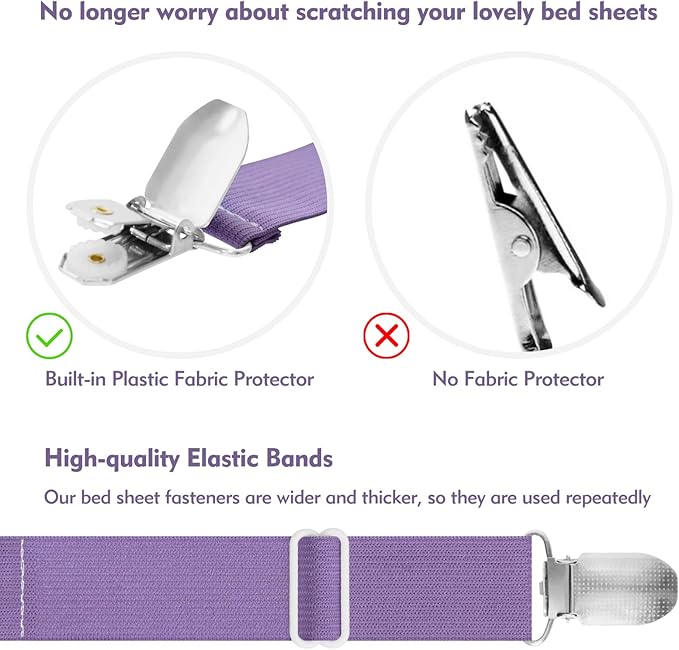Bed Sheet Holder Straps, 4+2 Pcs Adjustable Mattress Sheet Clips, Bed Sheet Fasteners Elastic Sheet Suspenders to Keep Bed Sheet in Place for Different Beds (Purple)