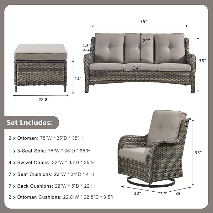 Rilyson Wicker Patio Furniture Set - 7 Piece Rattan Outdoor Sectional Conversation Sets with 4 Swivel Rocking Chairs,2 Ottomans and 1 Sofa for Porch Deck Garden(Mixed Grey/Grey)