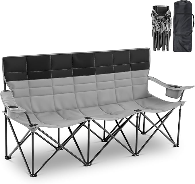 Teenyyou 3 Person Camping Chair Fully Padded Outdoor Oversized Loveseat Counch Double Camping Sofa with Cup Holder and Carry Bag for Lawn Beach Outdoor (Black, Camp Chair)
