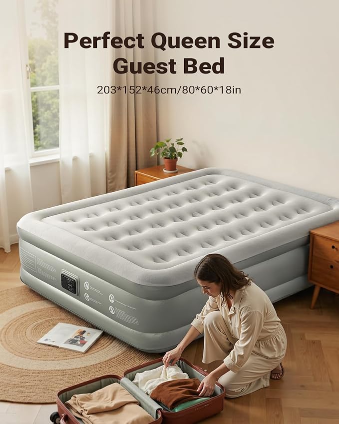 iDOO Air Mattress Queen with Built in Pump, 18 Raised Comfort Inflatable Blow up Mattress, Upgraded Four Chamber Portable Air Bed for Guests and Home, Colchon Inflable, 650 lbs Max