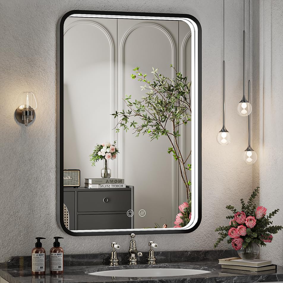 FTOTI 36x24 Inch LED Bathroom Mirror with Lights, Black Metal Frame Mirror, Wall Mounted Lighted Vanity Mirrors for Wall, Anti Fog Dimmable Led Mirror for Makeup