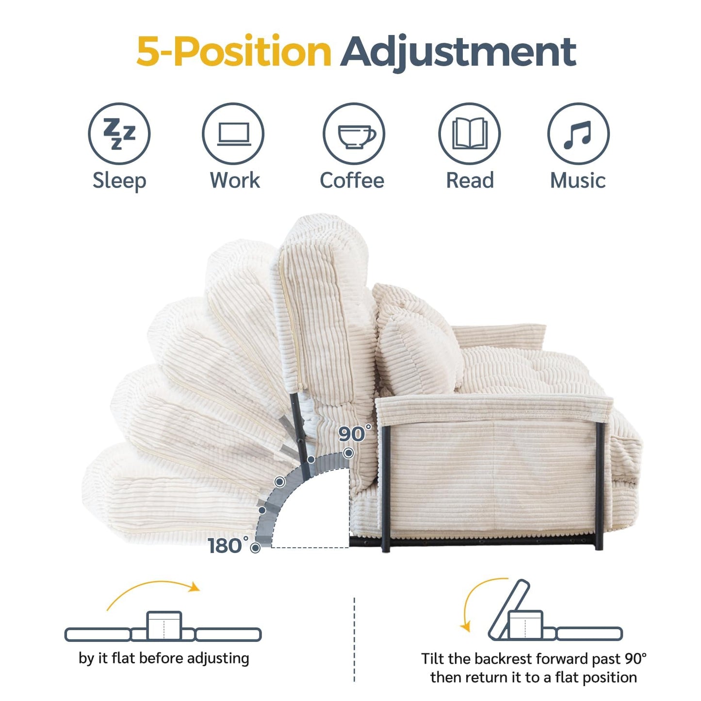 MAXYOYO Adjustable Floor Sofa Couch with 2 Pillows, Multi-Functional Bean Bag Bed, 5-Position Foldable Lazy Sofa Sleeper Bed with Armrest Versatile Floor Seating for Reading Gaming, Beige, Double