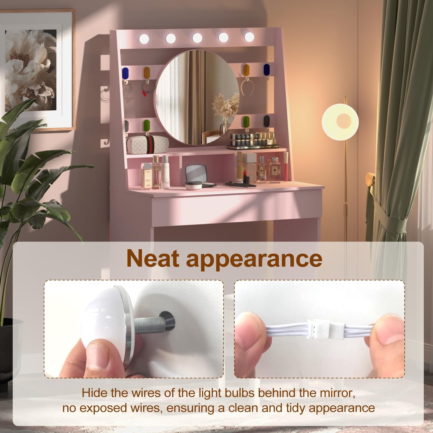 HedoAjim Vanity Desk with Lights, Makeup Table with Mirror, Dressing Table with 5 Hollywood Bulbs, 3 Adjustable Lighting Colors, Small Vanity Desk for Bedroom (Pink)