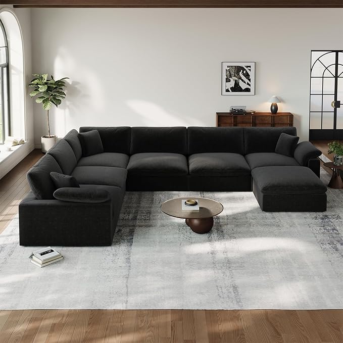 Cloud Modular Couch for Living Room,7 Seater U Shape Linen Blend Sofas,Modern Deep Seat Cloud Sofas,Convertible Comfort Down Filled Sectional Couches,Removable Washable Cushion Covers,Black