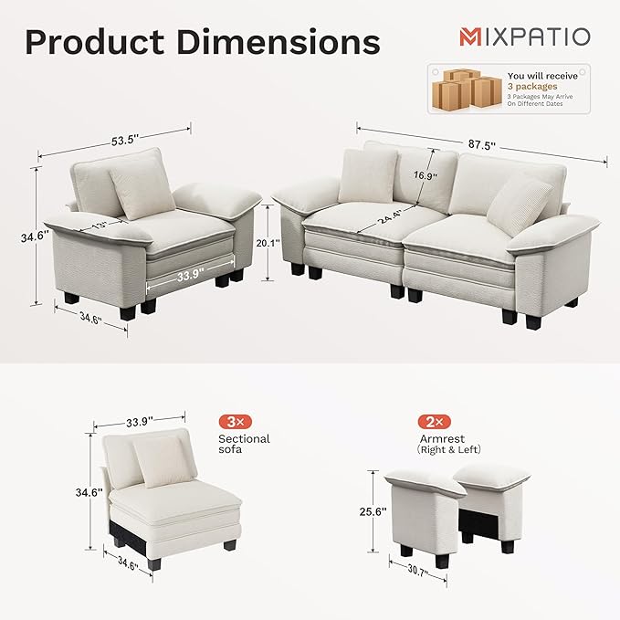 MIXPATIO L-Shaped Cloud Modular Sofa Set with Chaise, Deep Seat 3-Piece Sectional & Removable Arms, Plush Chenille for Living Room - Beige