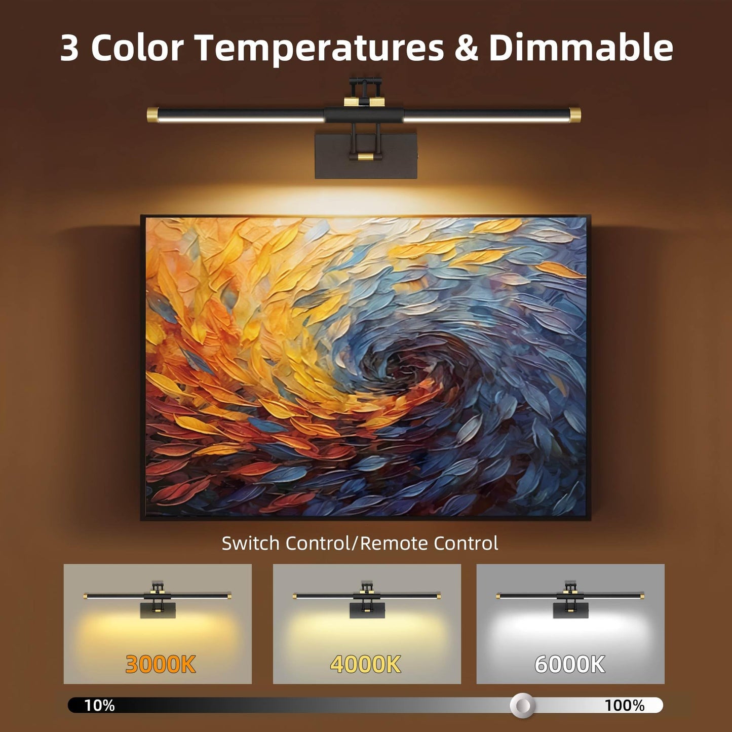 24“ Picture Lights for Wall Battery Operated, Wireless Picture Lights with Remote, Rechargeable Wall Light 3000K/4000K/6000K Dimmable, Art Lighting for Paintings Frame Gallery Dartboard, Black Gold