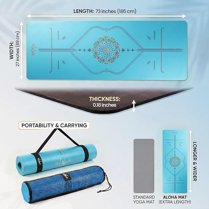 Aloha Bliss Premium Yoga Mat – 72” x 27 - Thick, Non-Slip & Durable | Sweat-Resistant, Lightweight & Portable | Perfect for Yoga, Pilates, Home Workouts, Gym & Studio Practice - Eco-Friendly