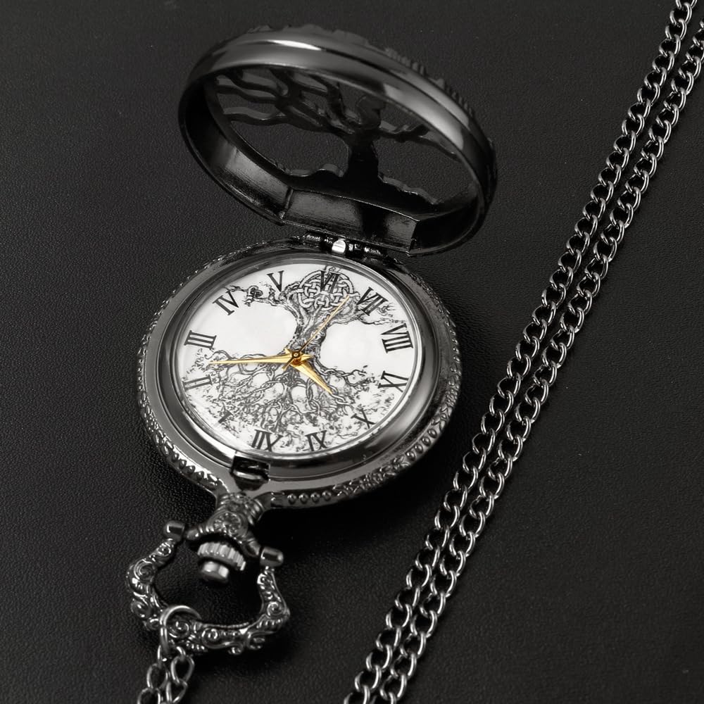 Tiong Pocket Watch Hollow Tree Design Roman Numerals Quartz with Chain Birthday Gifts(Black)