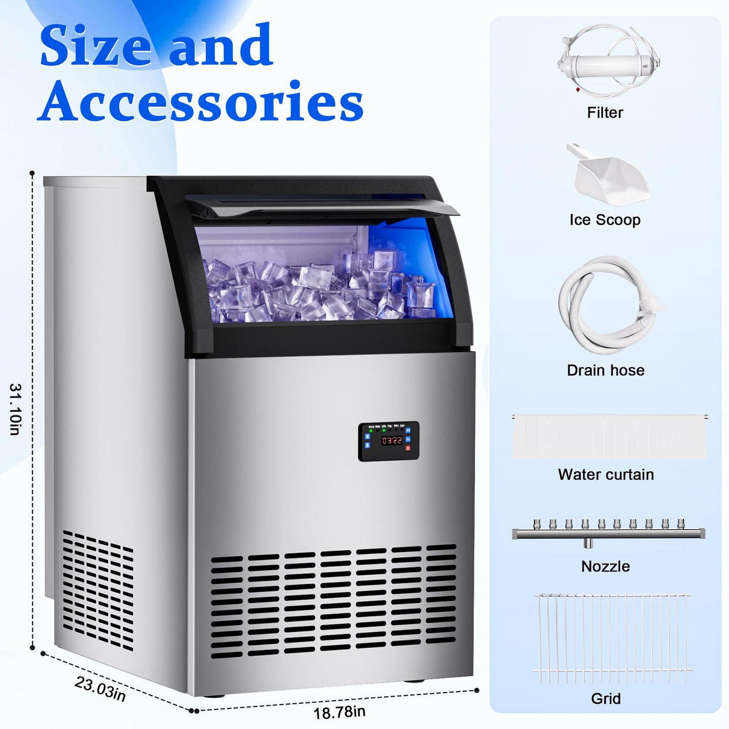 Commercial Gourmet Ice Maker Machine 150Lbs/24H,Stainless Steel Spray Ice Maker 60lbs Storage,50pcs Hat Cubes Per Cycle,Freestanding Ice Maker Self-Cleaning for Office, Restaurant, and Bar