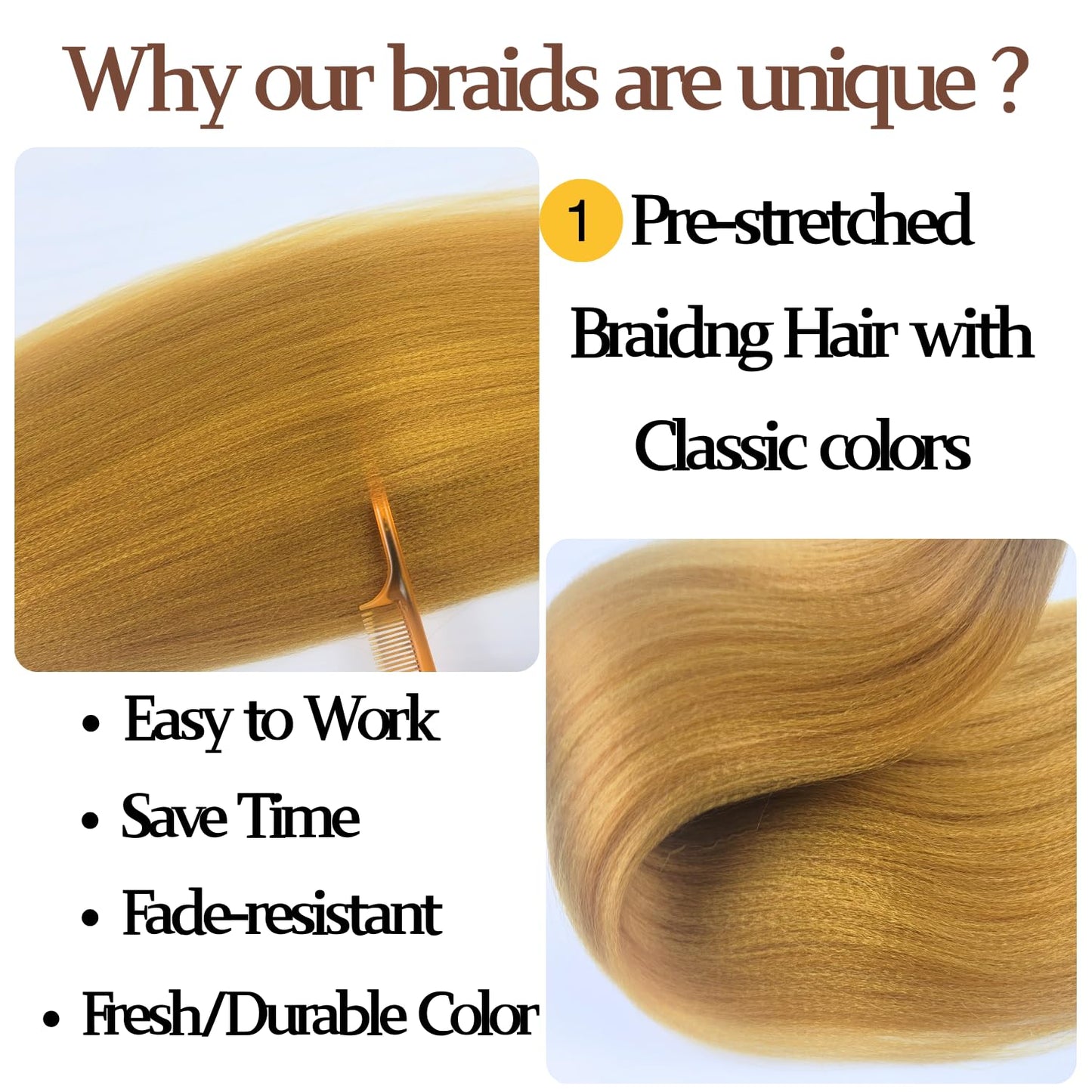 Gold Pre-stretched Braiding Hair Hypoallergenic ez Braid Pre stretched Braiding Hair Extensions for Knotless Box Braids 3 Packs