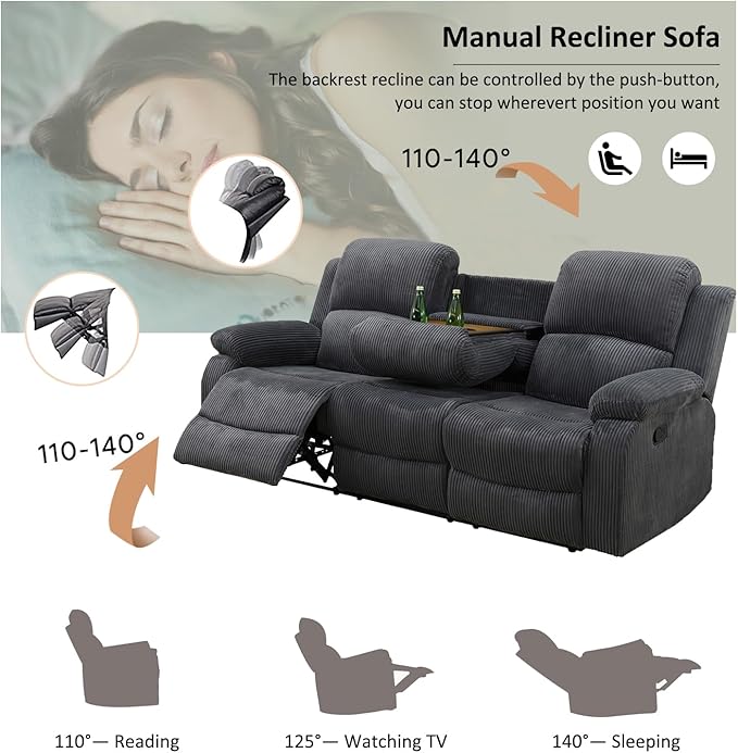 A Ainehome Living Room Furniture Set Recliner Sofa Set Loveseat Chair Furniture Sofa Set Grey Corduroy for Living Room/Rv/House/Theater Seating (A-Dark Grey Corduroy, 3 Piece Set)