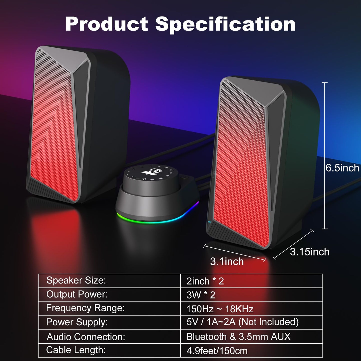 SOULION C30 Bluetooth Computer Speakers, 2.0 PC Speakers for Desktop Monitor, Wired USB Powered & Pulsing & LED Flame Lights, 3.5 mm AUX Speakers for Laptop Gaming with Wired Handy Control