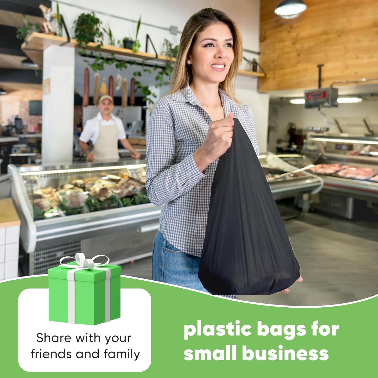 LainNeala Black Plastic Bags (11.5'x 6.5" x 21')(300Pack) with Handles - Shopping & Grocery Bags for Small Business & Restaurants in Bulk