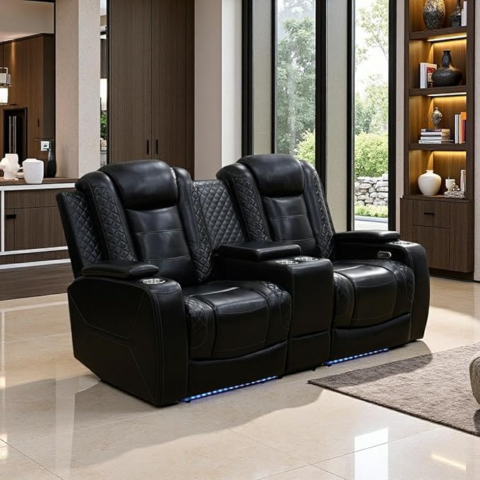Toseslo Power Recliner Loveseat Set, Black Leather Reclining Sofa Sectional Couch, 2 Seater Reclining Couches, Living Room Furniture Sets, Reclining Sofa with Cup Holders/Storage Console for House