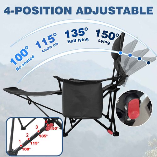 POEPORE Reclining Camping Chair 4 Position with Foot Rest Comfortable for Adults 265Ibs Folding Lounger Mesh Beach Chair with Cooler Bag,Cotton Cushion and Cup Holder for Outdoor Patio