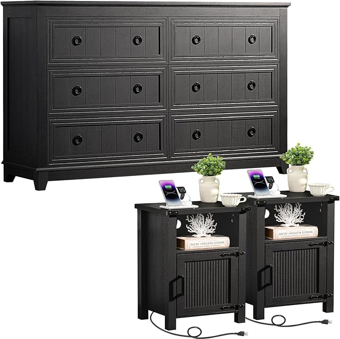 Joaxswe Farmhouse Dresser and Nightstand Sets 3 Piece, Furniture Set 18" Night Stand with Charging Station and 6 Drawers Dressers for Bedroom, 54" Dresser and Nightstand Set for Bedroom, Living Room