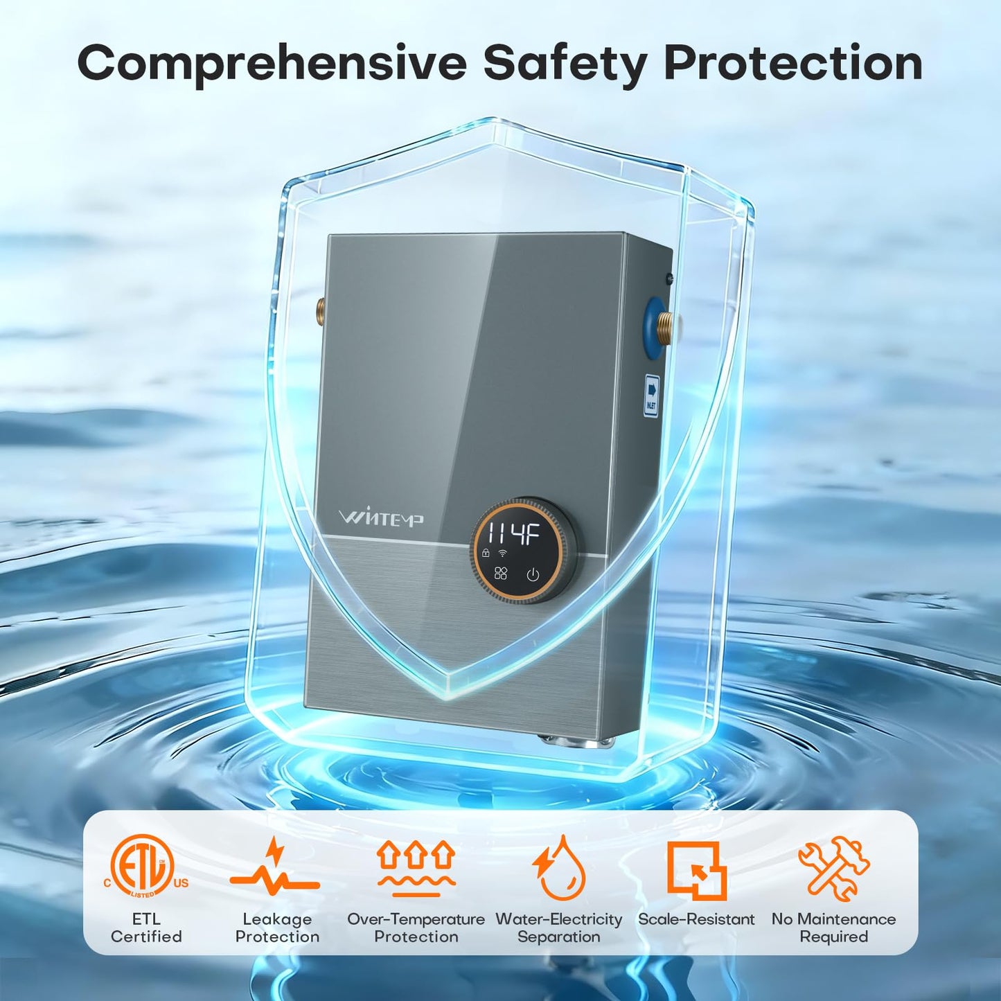 Wintemp Tankless Water Heater Electric 14.4kW, 240 Volt On Demand Instant Hot Water Heater, Within 1℉ Stable Temp, Up to 3.5GPM, WiFi Control, ETL Certified, Eco, WM15