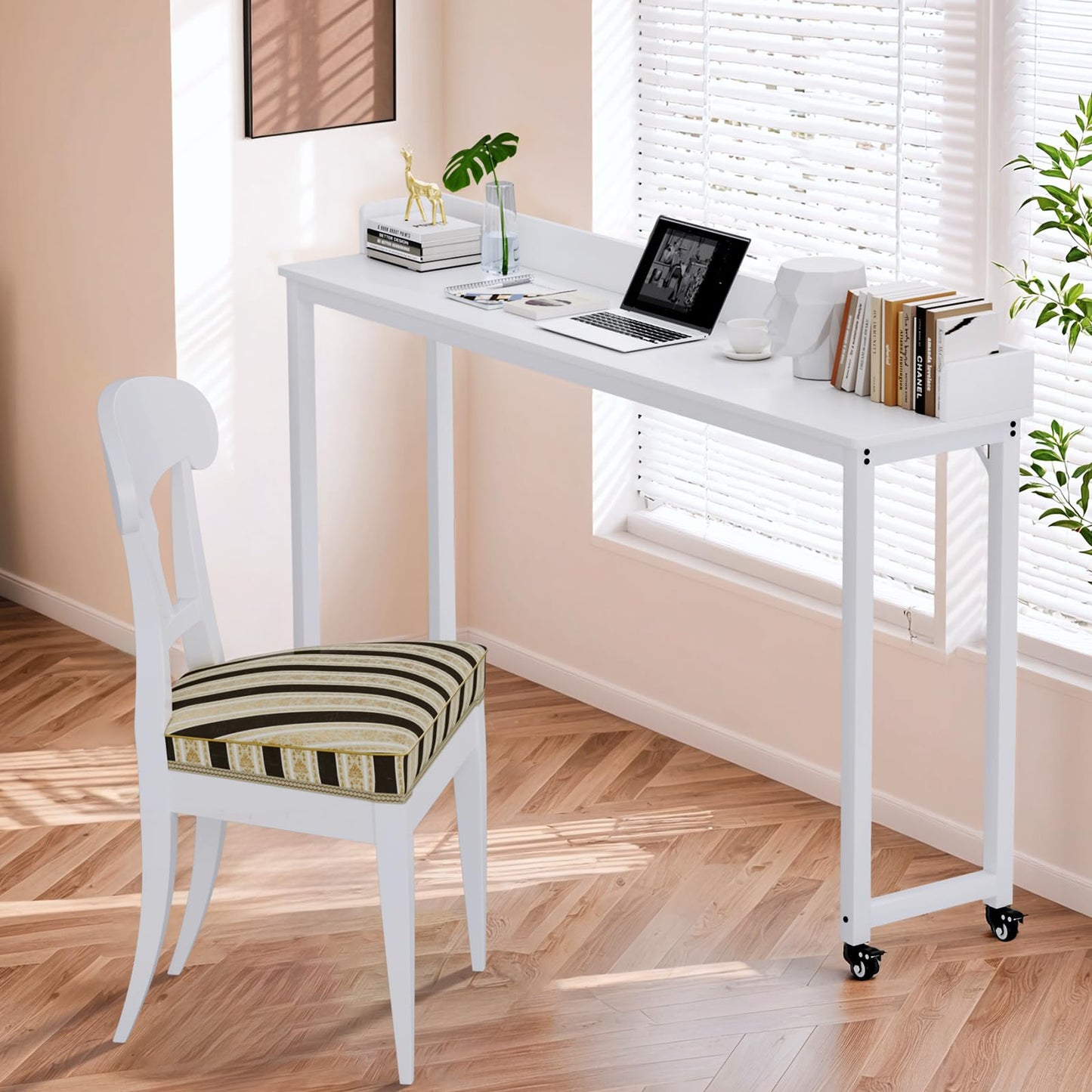 Arlopu Overbed Table with 360° Wheels, Queen Size Mobile Bed Desk with Heavy Duty Metal Leg, Sturdy Laptop Cart & Dining Table for Bedroom, Living Room, Hospital Use (White)