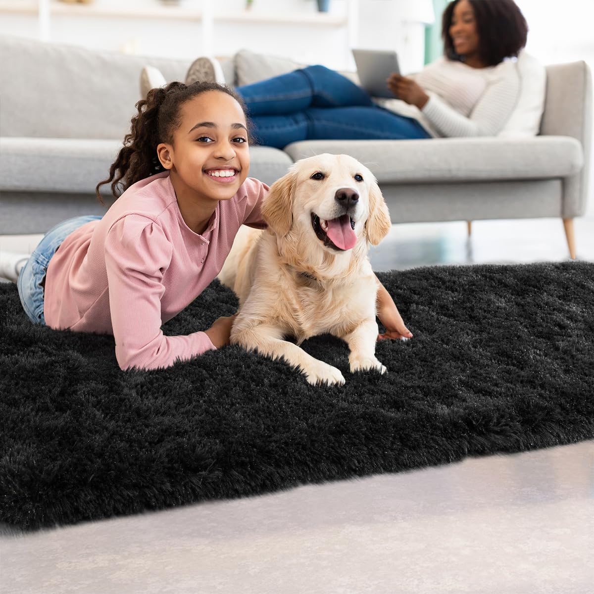 ST. BRIDGE Black Runner Rug for Bedroom 2x6 Feet, Fluffy Shag Area Rugs for Living Room Nursery, Fuzzy Furry Bedside Rug for Girls Kids Baby Room, Modern Indoor Comfy Plush Carpet Decor