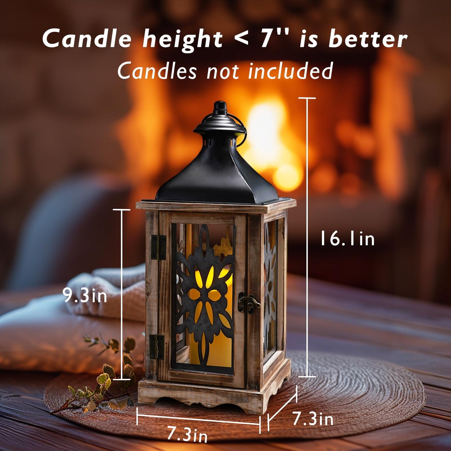 Homemory Rustic Christmas Farmhouse Lantern Decor, Wood & Metal 16'' Candle Lantern Hanging Candle Holders for Outdoor Indoor Home Living Room Patio Porch Table (Wood)