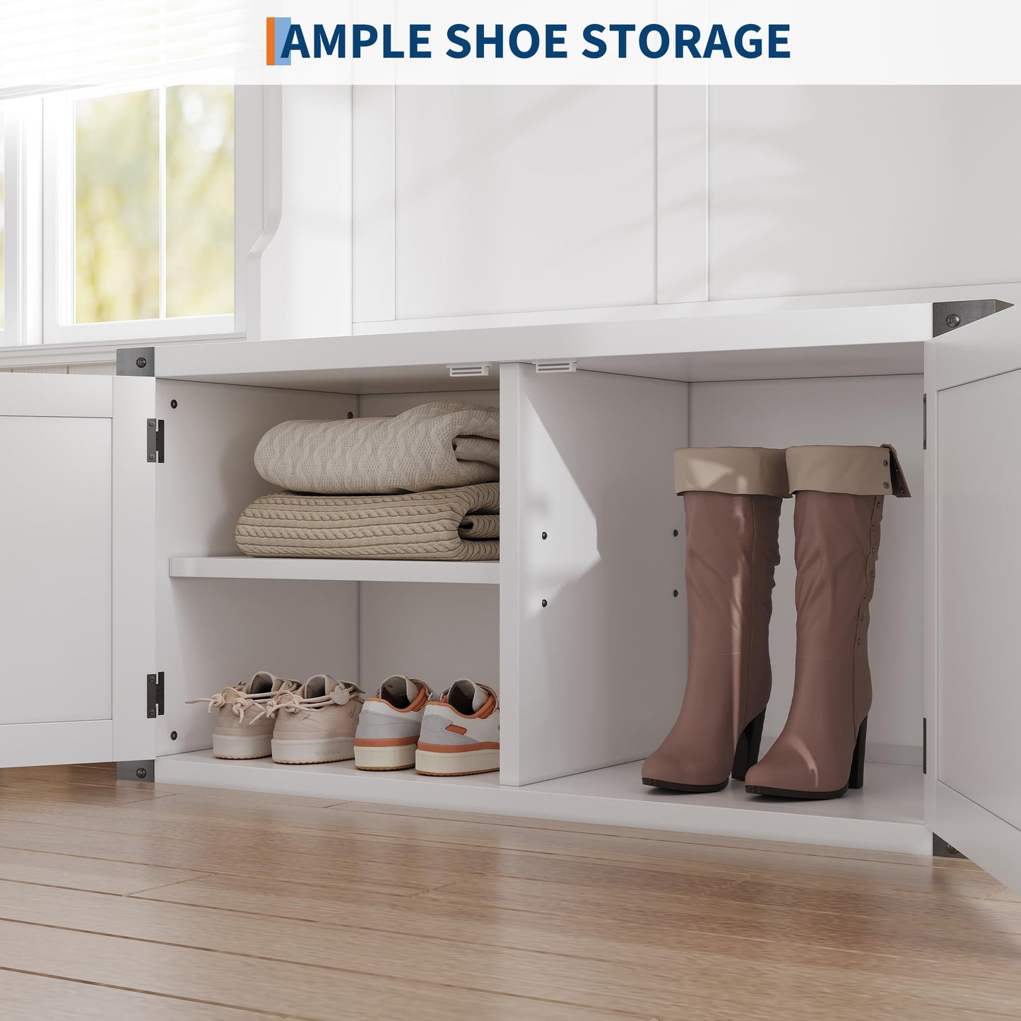 GarveeHome Hall Tree with Shoe Storage Bench, 4-in-1 Entryway Bench with Coat Rack & Adjustable Shlef & 2 Wood Door, Hall Tree with Metal Corner & 5 Tri-Hooks for Entryway,Bedroom, Living Room, White