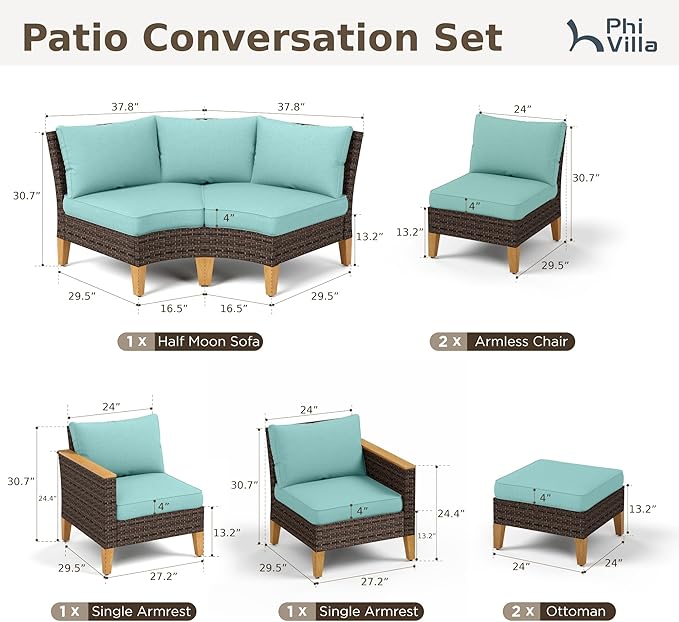 PHI VILLA 7-Piece Curved Patio Furniture Set, Half-Moon Wicker Sectional Furniture Sofa Set for 8 Seats with 1 Curved Sectionals, 2 armless Seats, 2 one armrest Sofas and 2 Ottomans, Aqua Blue