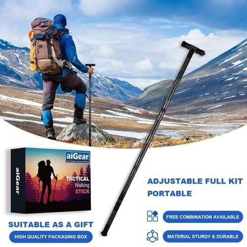 aiGear Hiking Walking Stick 12 in 1 Tactical Walking Staff with 3 Survival Tool Adjustable Outdoor Trekking Poles for Survival Camping Hiking