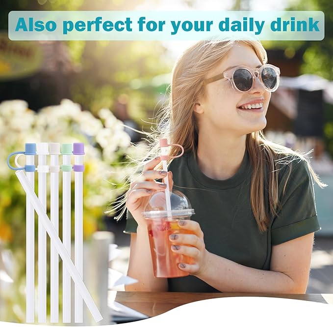6 Plastic Straws Reusable for Stanley Tumbler 30 oz 40 oz, 12 Inch Straight Replacement Straw with 6 Colorful Straw Covers, 2 Cleaning Brushes for Stanley Cup Accessories