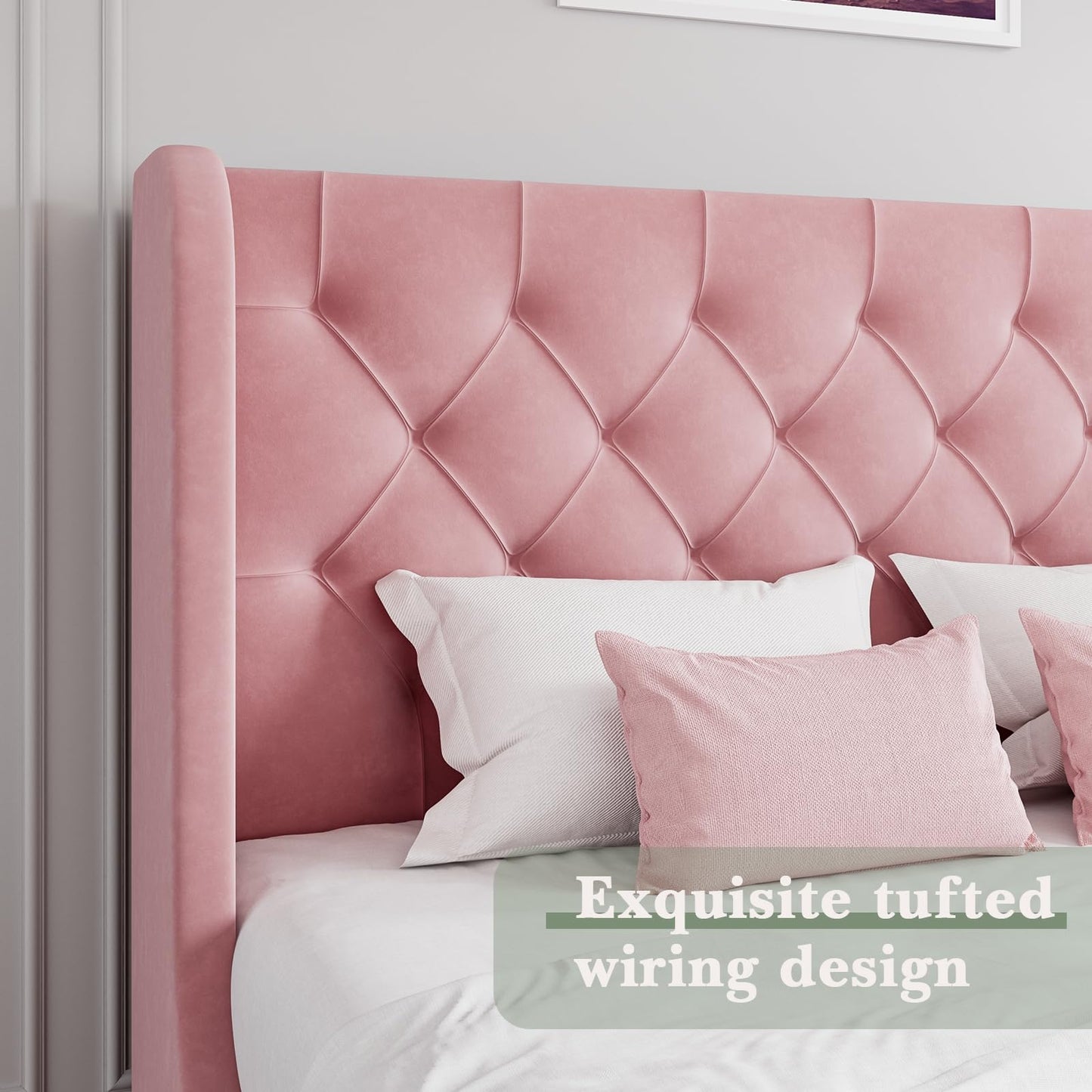HOMBCK Pink Full Size Bed Frame, Upholstered Platform Bed Frame with Velvet Tufted Headboard, Curved Wingback Design, Wooden Slats, No Box Spring, Noise Free, Easy Assembly