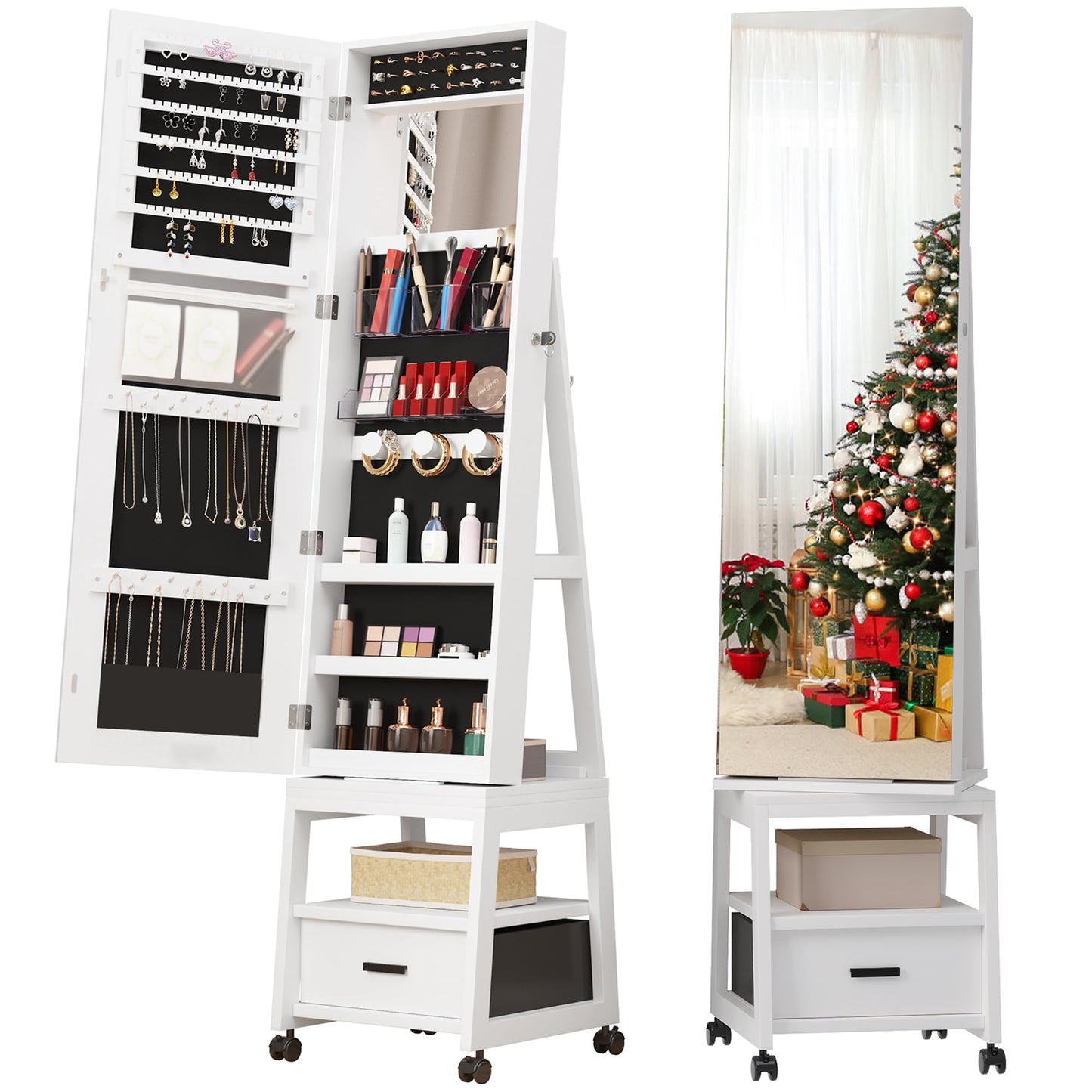 GarveeHome 360° Swivel Jewelry Cabinet, 66 in Freestanding Jewelry Armoire With Bottom Drawer, Lockable Full-Length Mirror With Rear Storage Shelves, Jewelry Armoire Organizer, Retro Brown