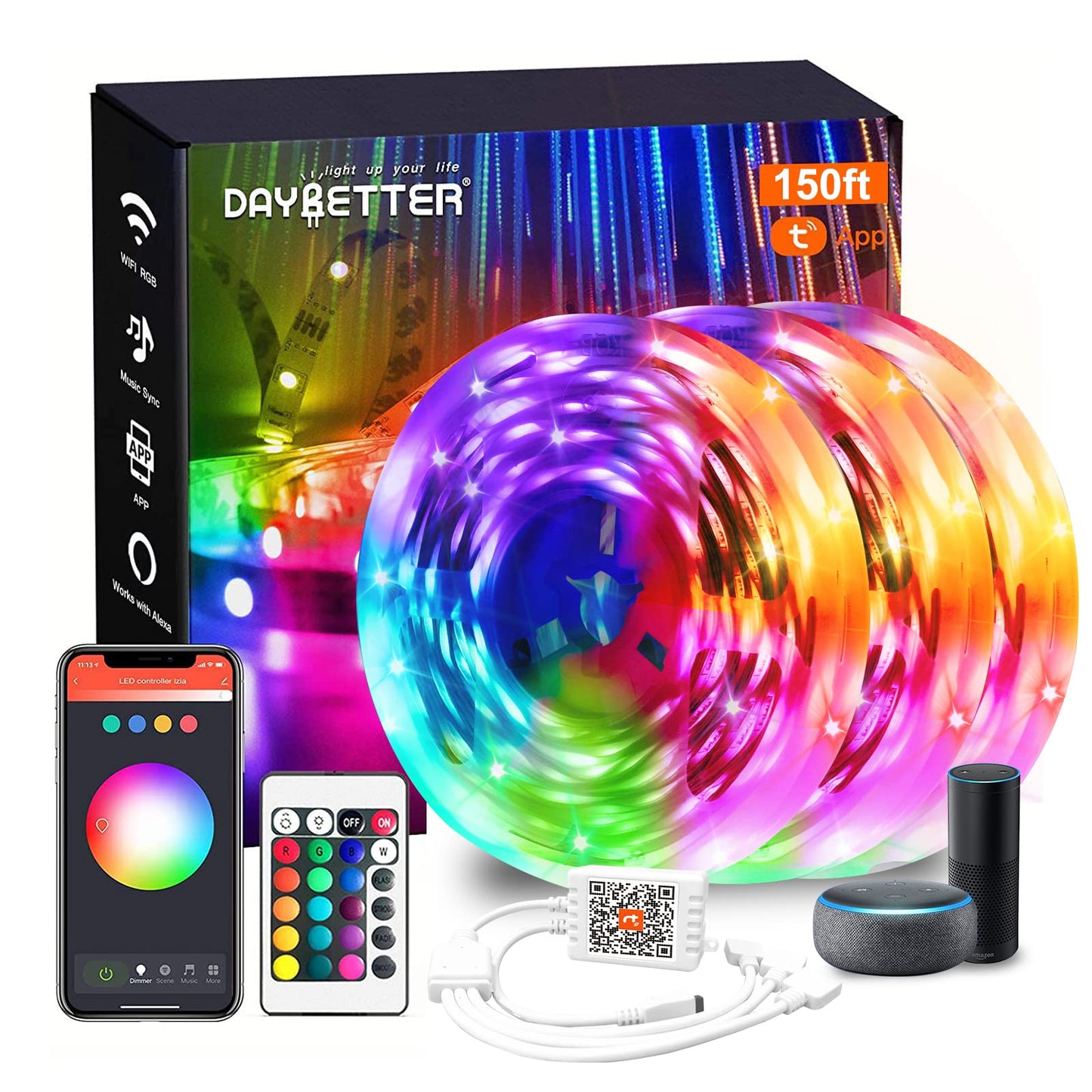 DAYBETTER Smart WiFi Led Lights for Bedroom 150 ft, Tuya App Controlled Led Strip Lights, Compatible with Alexa and Google Assistant, Color Changing Led Light Strip with Remote for Room Party Kitchen