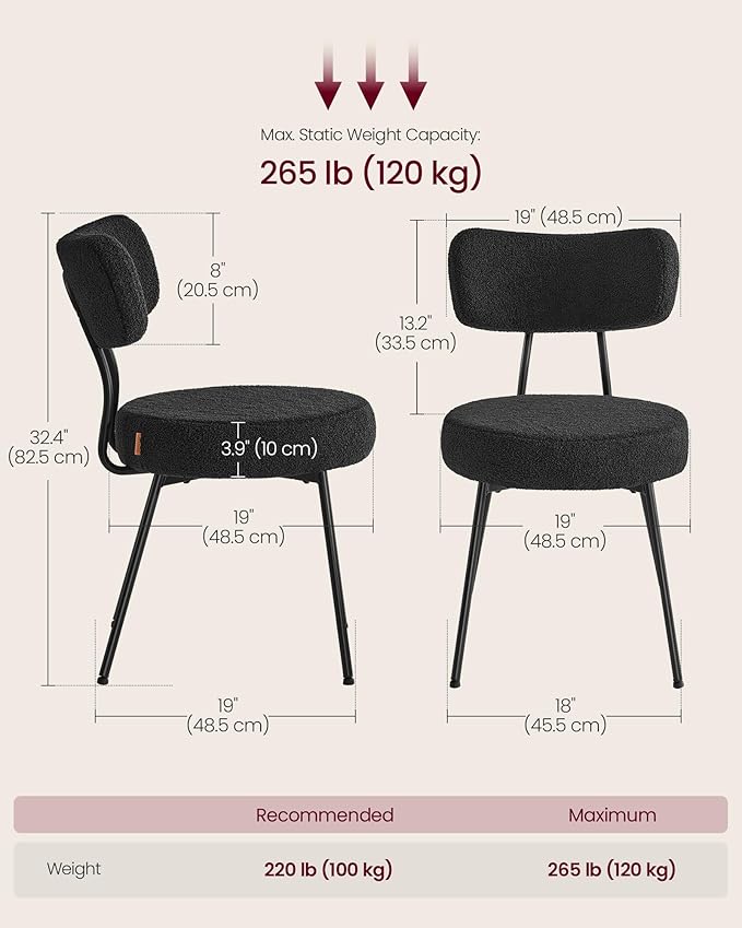 VASAGLE Boucle Dining Chairs Set of 6, Upholstered Kitchen Dining Room Chairs with Curved Backrest and Steel Frame, Modern Mid Century, Round, for Vanity, Living Room, Ink Black UKDC110B16