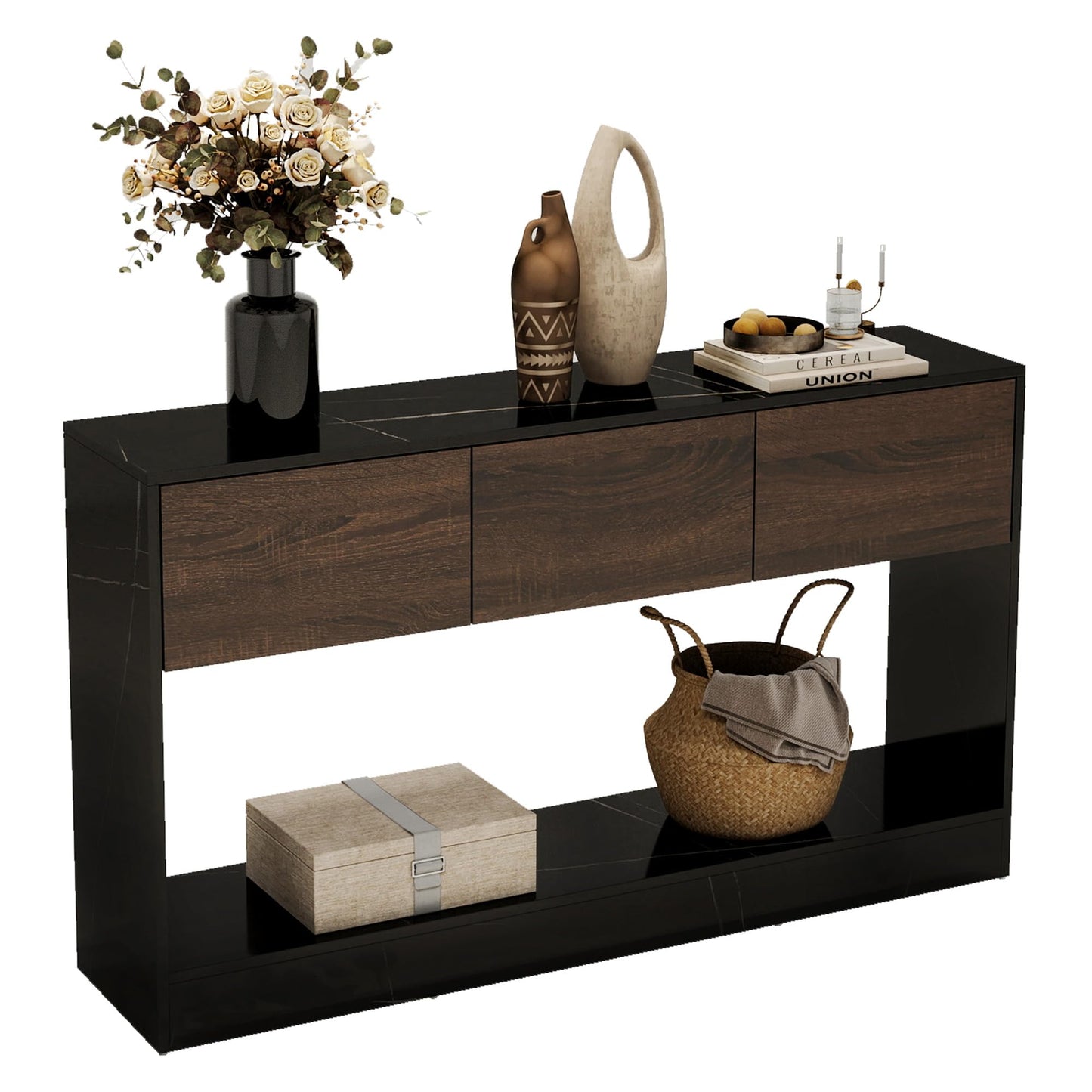 LAZZO 51" Long Console Table 3 Drawers Entryway Sofa Table with Storage and Open Shelf Behind Couch for Living Room, Foyer, Hallway, Entry Black and Office Marble Black and Brown