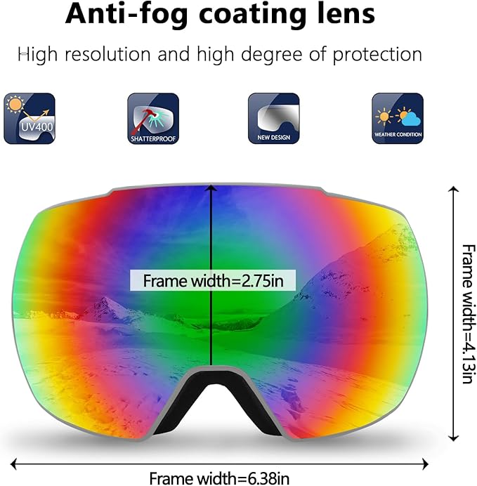 OULAIQI OTG Ski Goggles UV400 Anti-Fog Snowboard Glasses for Men Women Youth- Perfect for Skiing, Snowboarding,Winter Sports