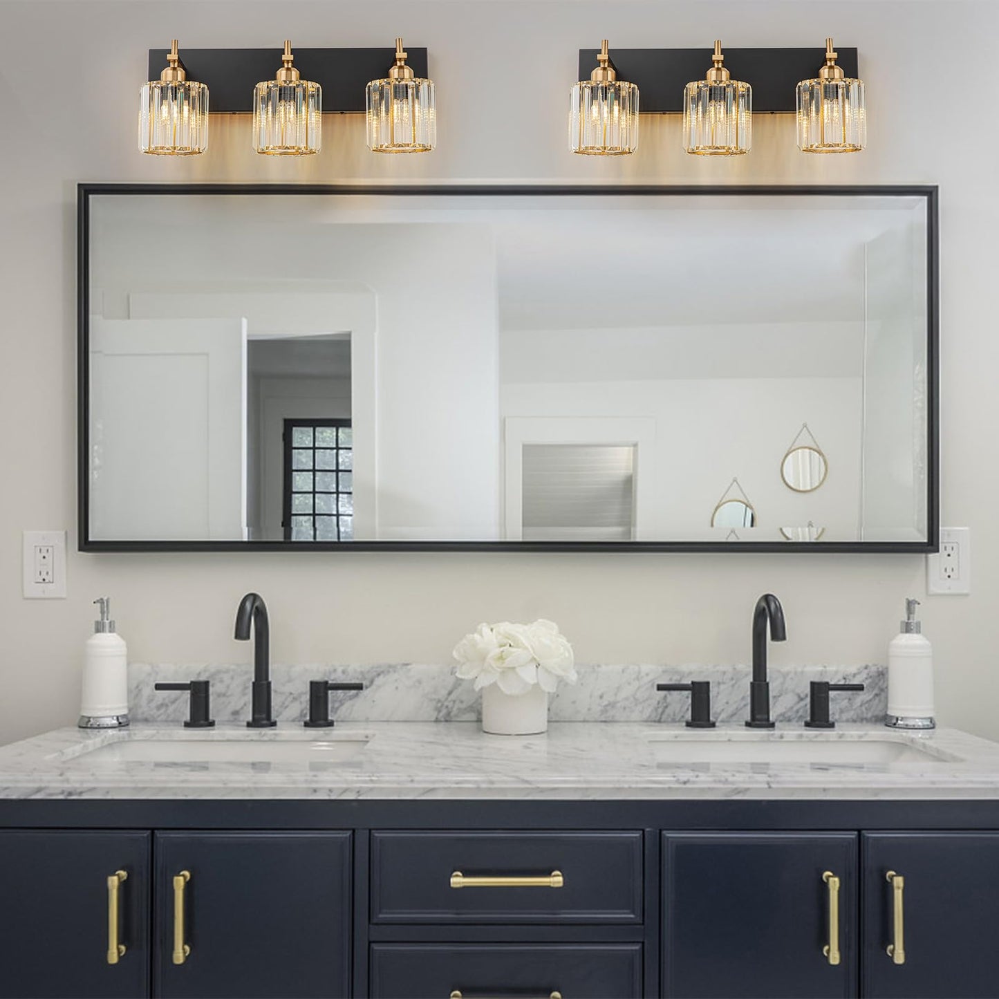 HUOKU Modern Crystal Bathroom Vanity Lights, Black Gold 3-Lights Bathroom Light Fixtures Over Mirror, Crystal Wall Lighting with Polished Gold Finish(Exclude Bulb)